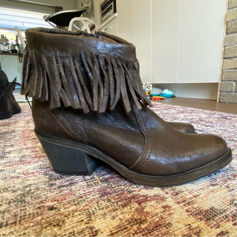 All Saints Brown Leather Bonny Boot with Fringe